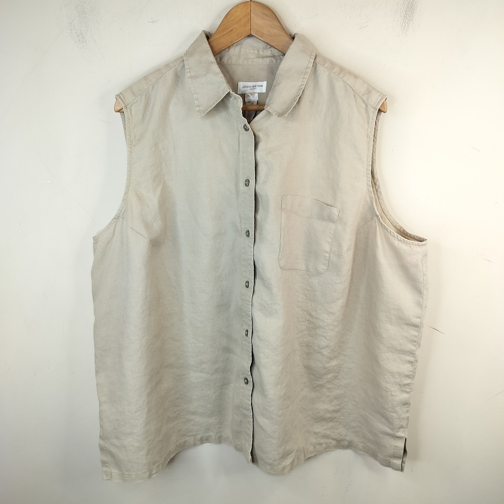 Jones New York Sleeveless Linen Shirt 24W Button Up Minimalist Beige